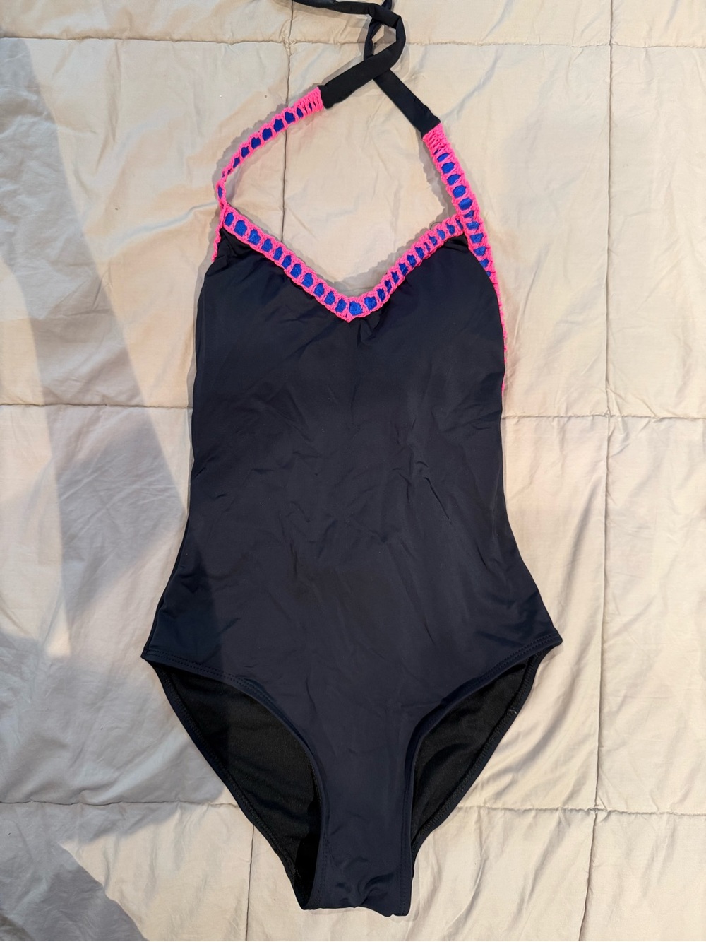 Black One-Piece Swimsuit with Pink & Blue Crochet Trim